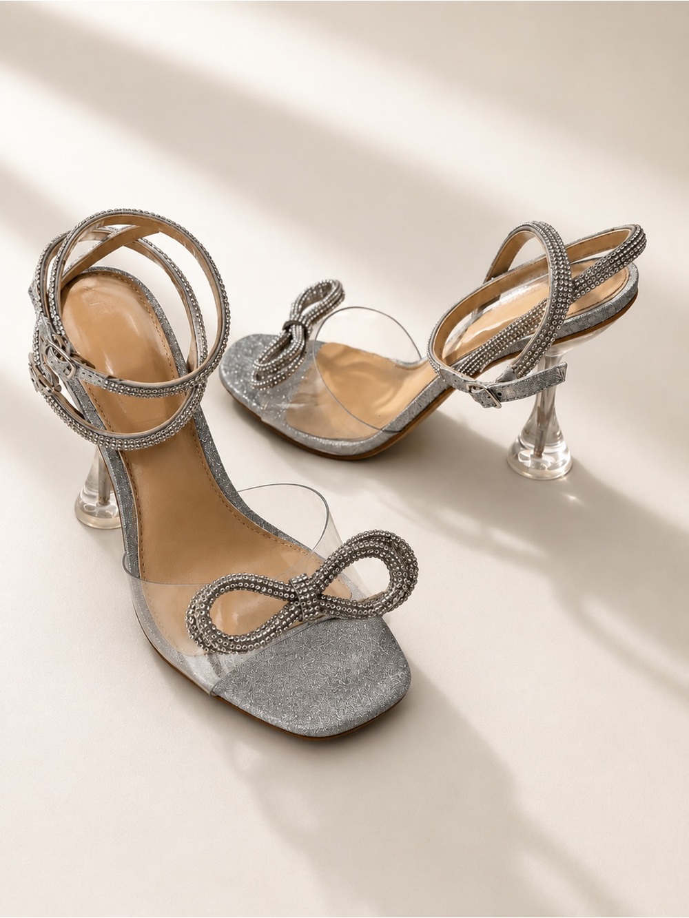 Gianni Bini Haydn Silver Glitter Rhinestone Bow Ankle Strap Dress Sandals